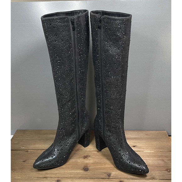 Top Moda Women's Mariha Knee High Boots Size 6.5 Black Rhinestone Zip Bling - Picture 4 of 16